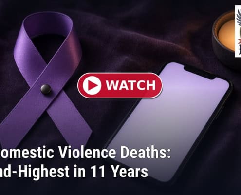 Fostoria News Ohio domestic violence deaths infographic with a purple ribbon and smartphone.